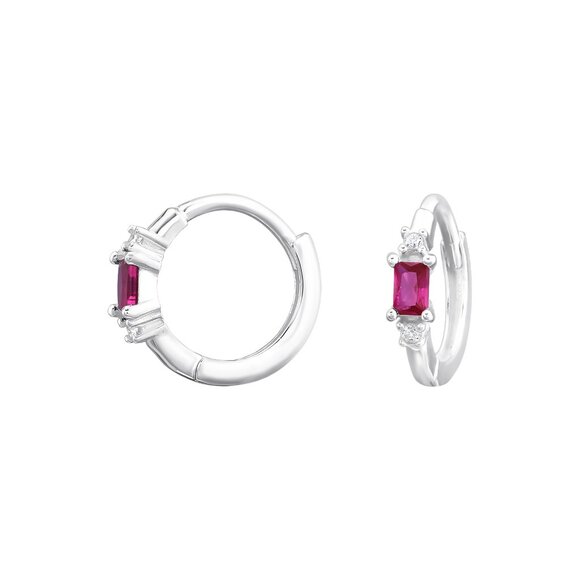 Sterling Silver Ruby Baguette Huggie Hoop Earrings 11mm - Picture 1 of 11